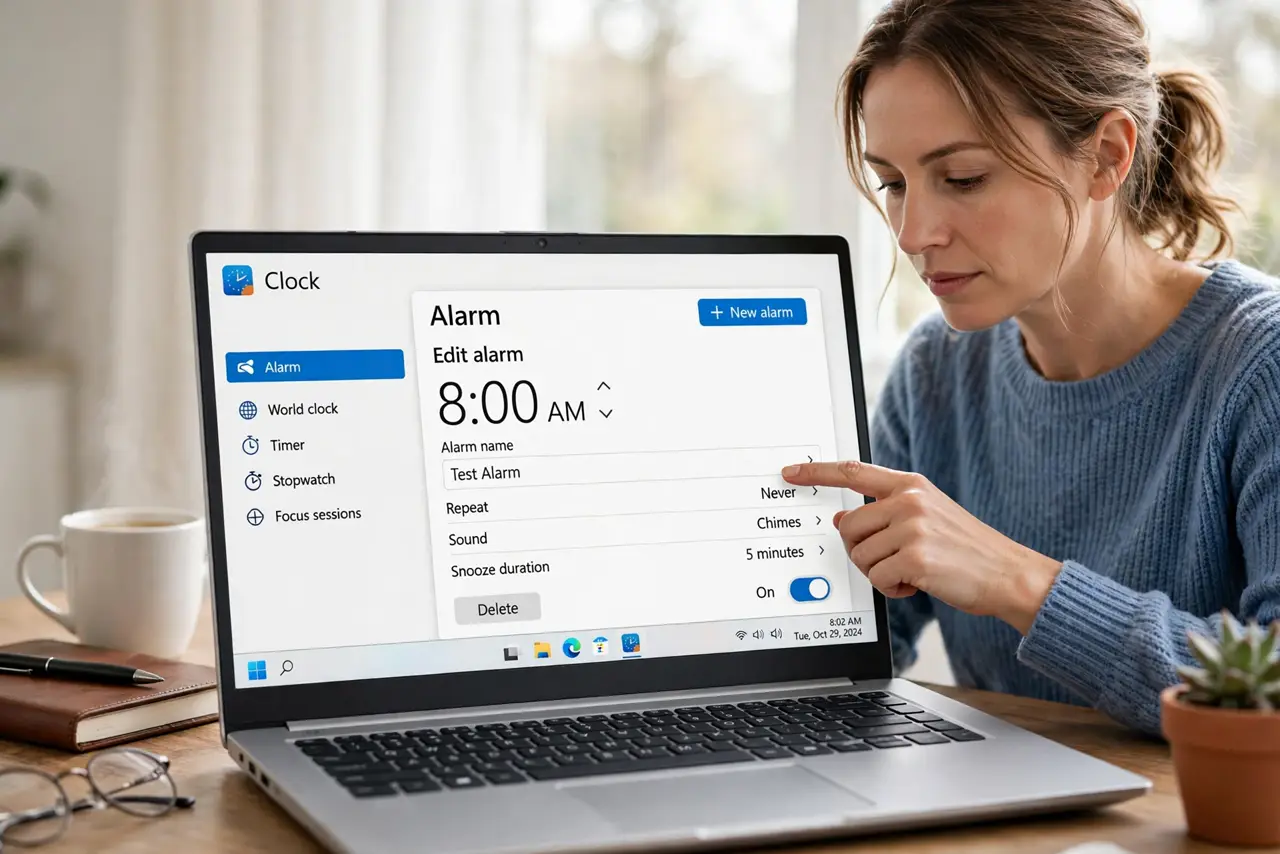 A focused woman sets a test alarm in the Windows Clock app on a laptop.