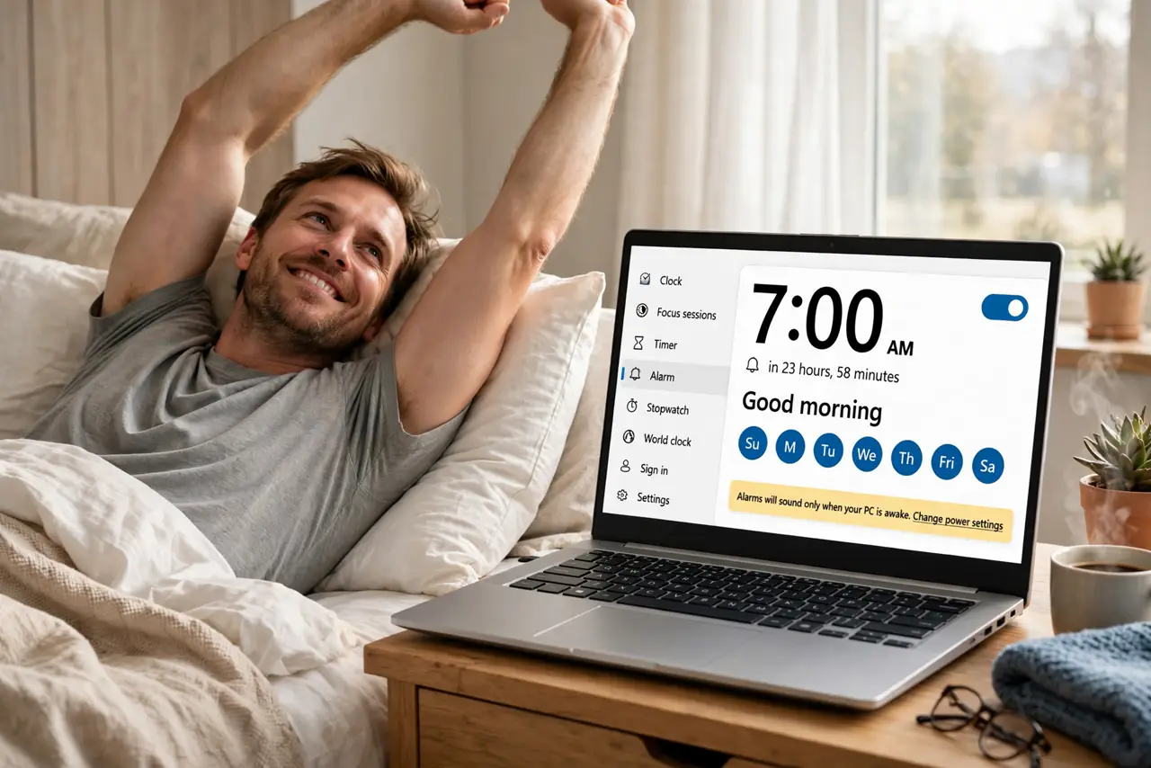 A relieved man wakes beside a Windows laptop showing the Clock app alarm screen.
