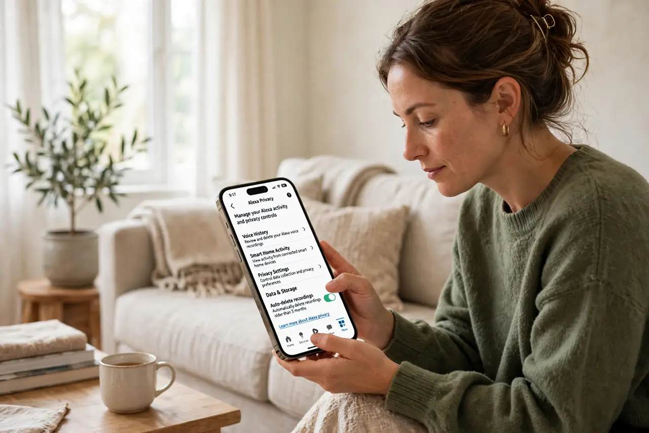 Photoreal photo of a person performing the first step: Open the Alexa app's privacy section. Tap More, then Activity and Privacy. This is command c...