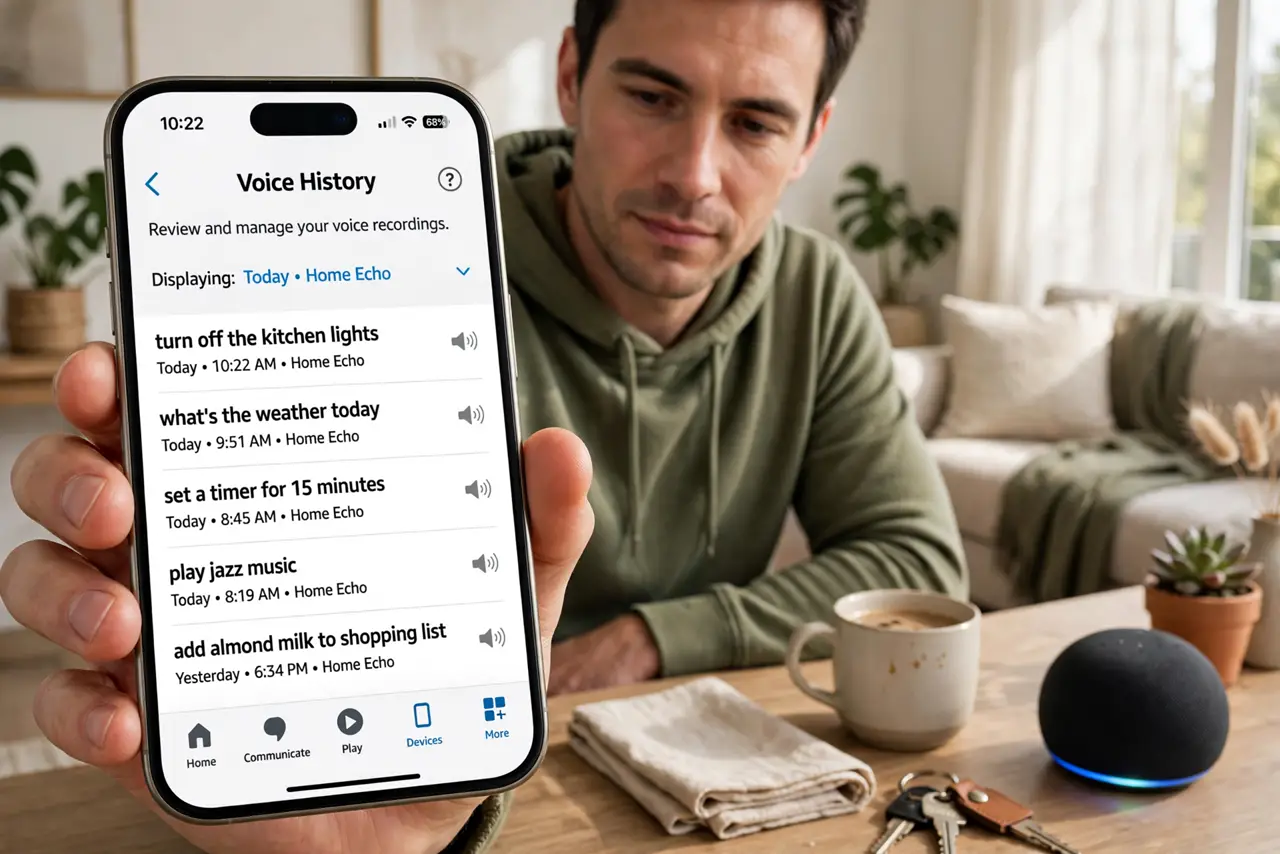 Photoreal photo: a person holding a real phone showing the Alexa app voice history screen with legible entries, a real Echo device on the table nearby, the person's face determined, living room. No black screen, no...
