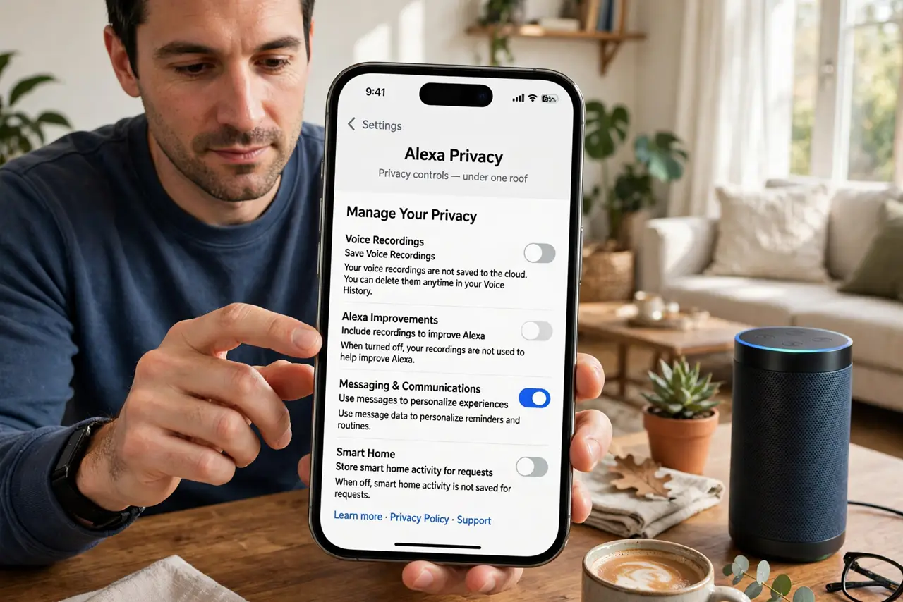 A person performing the first step: Open Alexa Privacy in the app. Go to More > Settings > Alexa Privacy. Every.