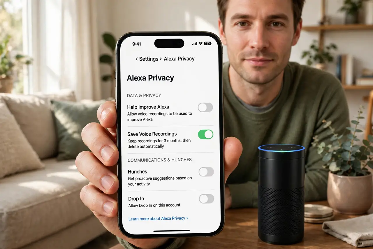 An adult holding a real phone showing the Alexa app privacy settings with legible toggles, an Echo device on the table