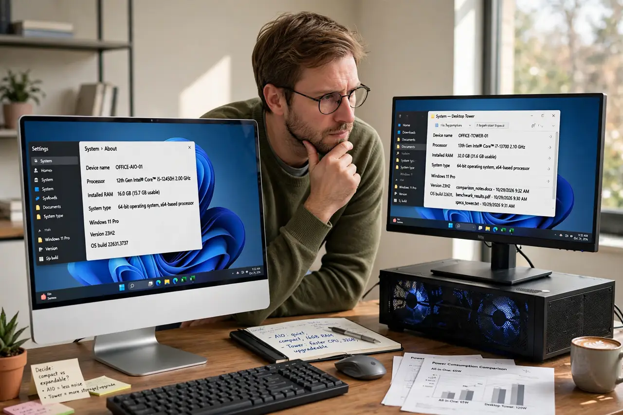 a person comparing a real all-in-one PC and a real desktop tower side by side on desks, both screens showing desktops with legible text, the person's face thoughtful. No black scre.