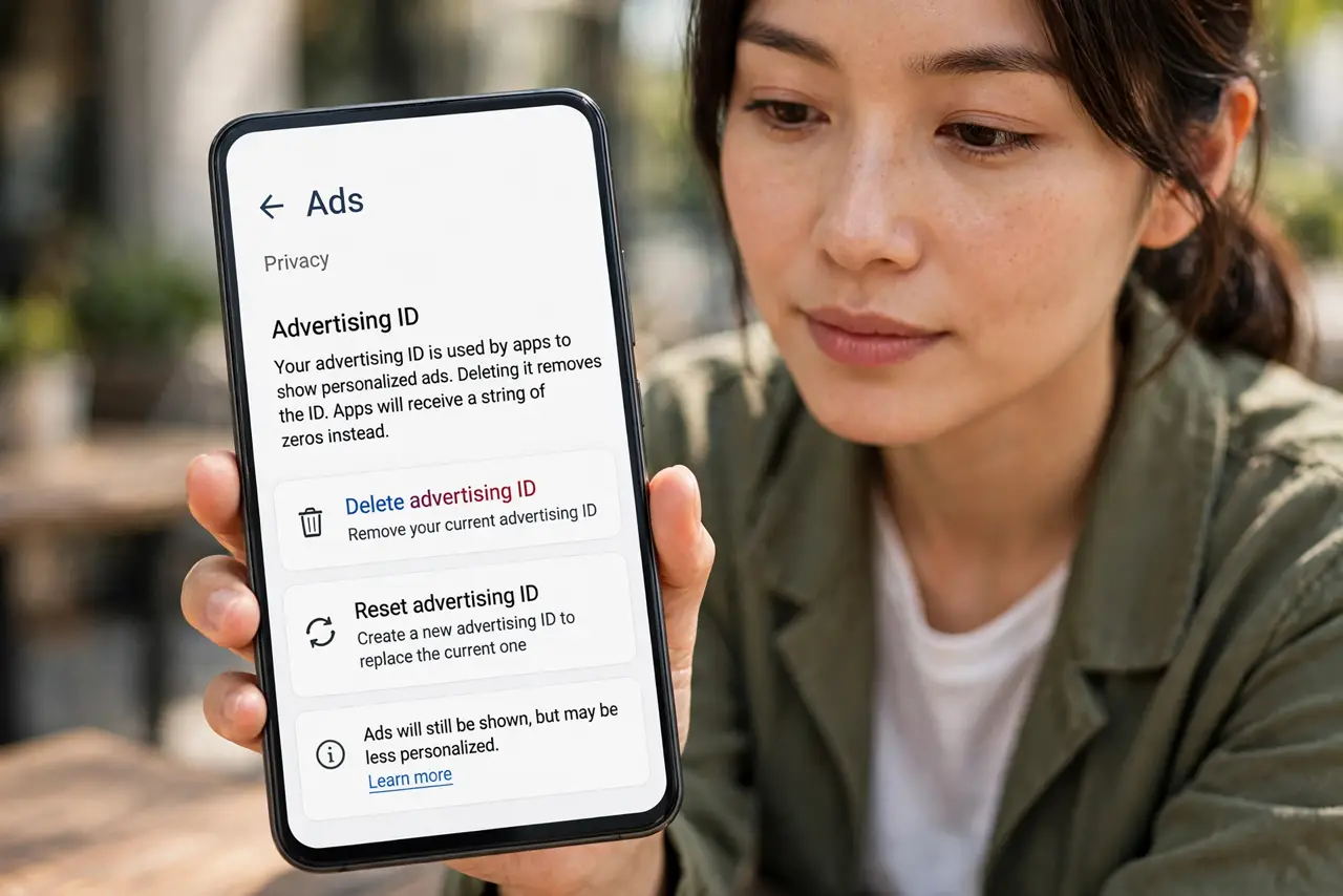 Reset Your Android Ad ID — an Android user looking at a real Android phone showing the Ads settings screen with delete advertising ID opt