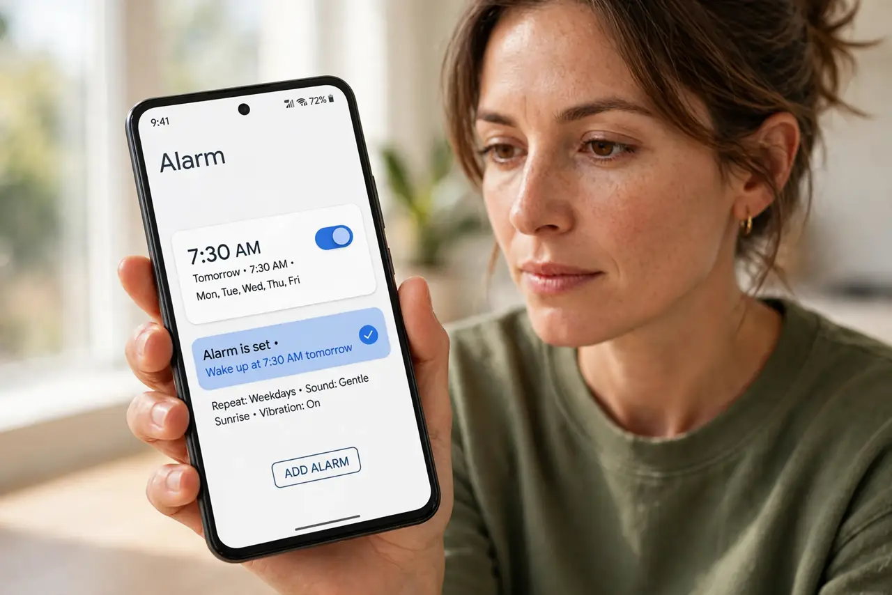 Step 1 in action for Alarms Missed: Confirm the alarm was actually set.