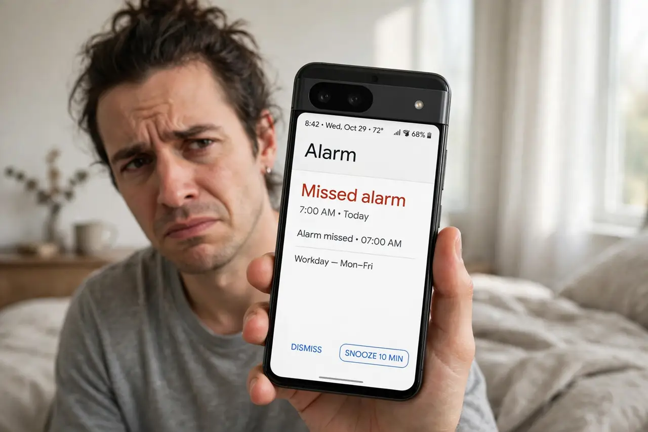Alarms Missed — a frustrated adult in the morning holding a real Android phone showing the alarm app.