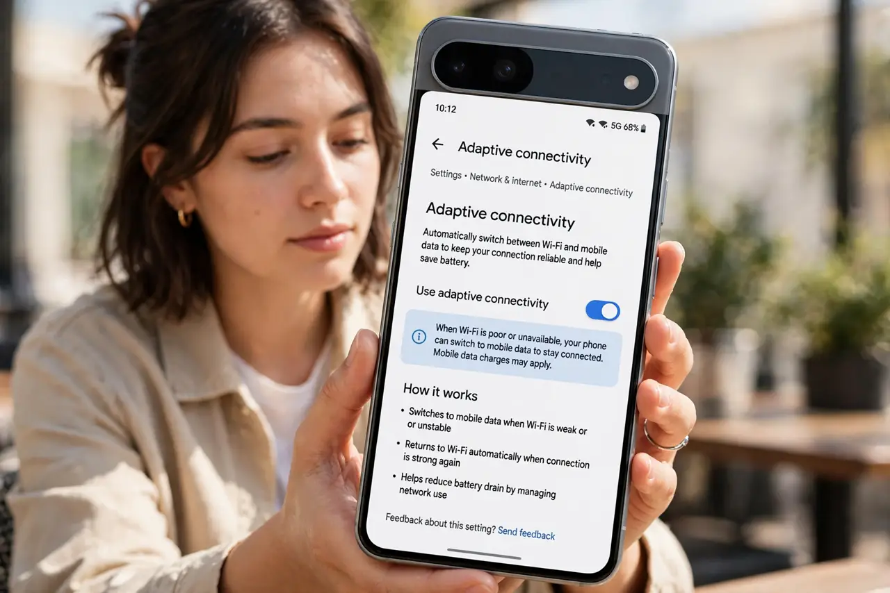 A person performing step 1: Find Adaptive Connectivity. On Pixel phones: Settings > Network & internet > Adaptive connectivity. Samsung an.