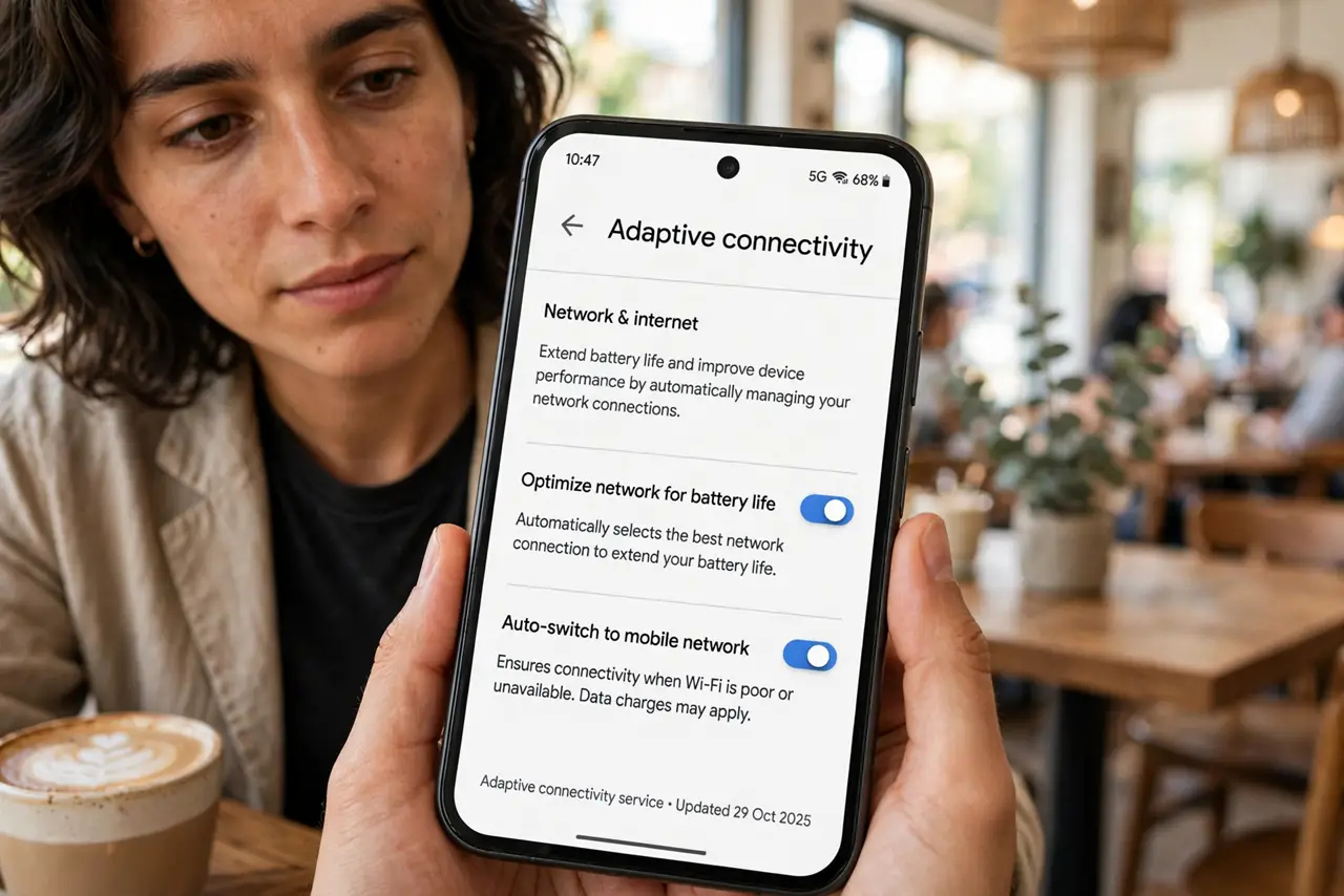 A person checking a real Pixel phone showing Adaptive Connectivity toggle in network settings, a 5G icon visible in the status bar, the person's face curious, cafe.
