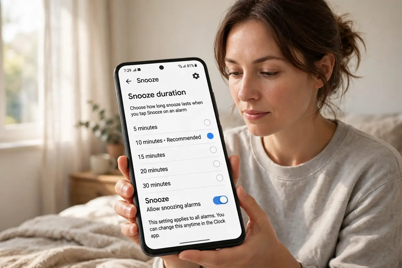 Change the Alarm Snooze Length on Android — a calm adult in the morning holding a real Android phone showing alarm snooze settings with fully legible text