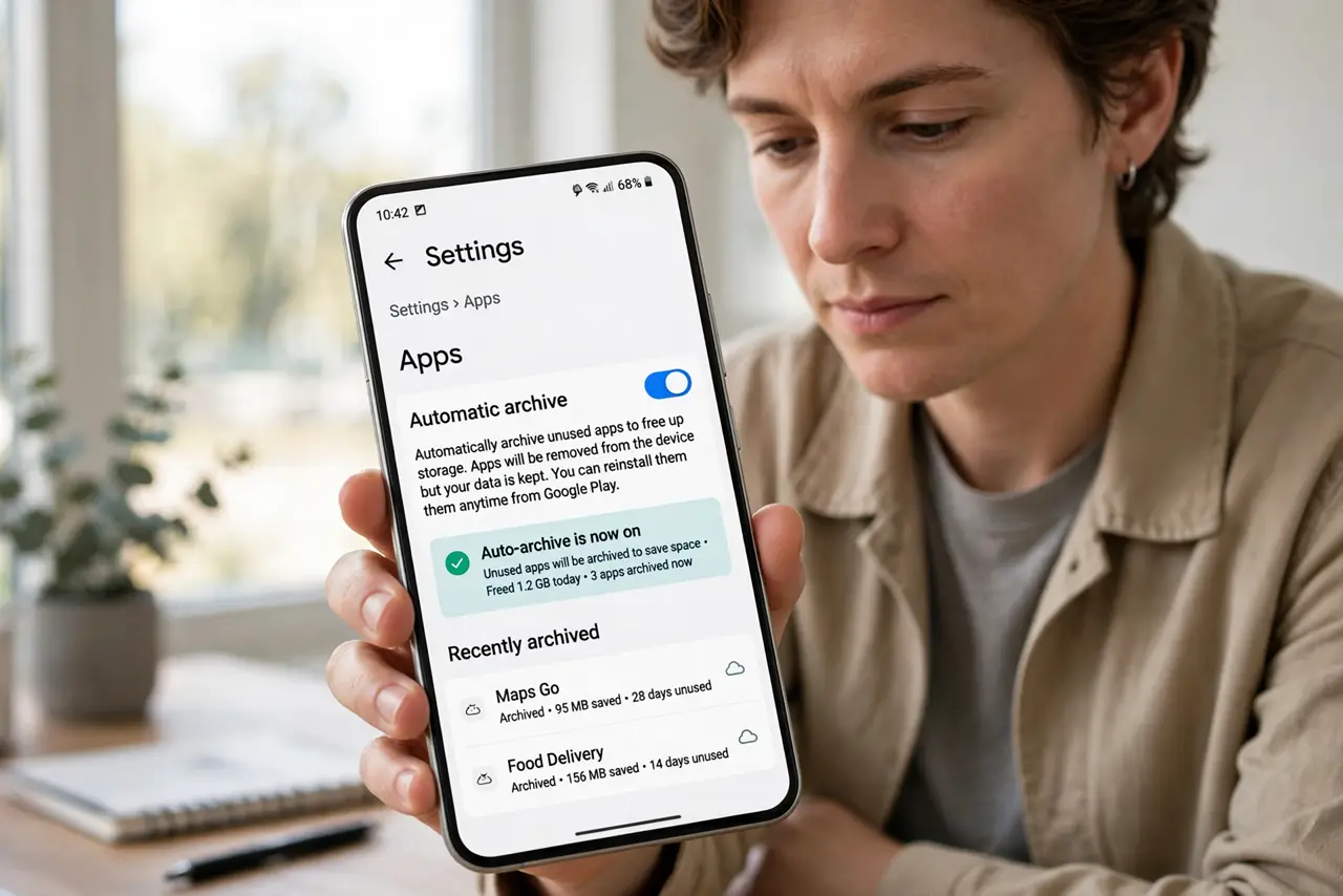 A person performing step 1: Turn on auto-archive on Android. Go to Settings, Apps, and enable automatic archiving of unused apps (availabl.
