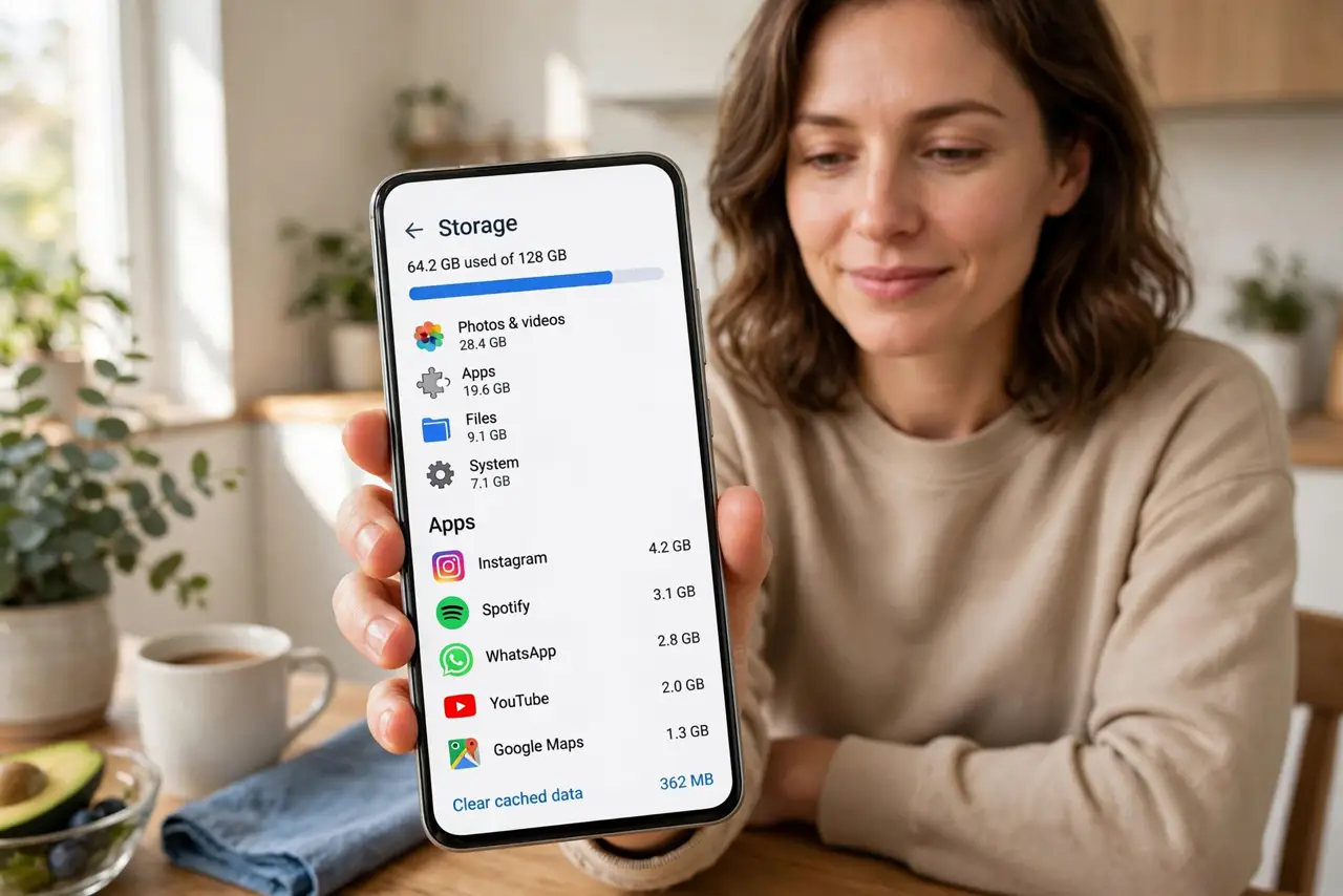 A person holding a real smartphone showing storage settings with a list of apps and legible sizes on screen, the person's face relieved, sitting at a kitchen table.
