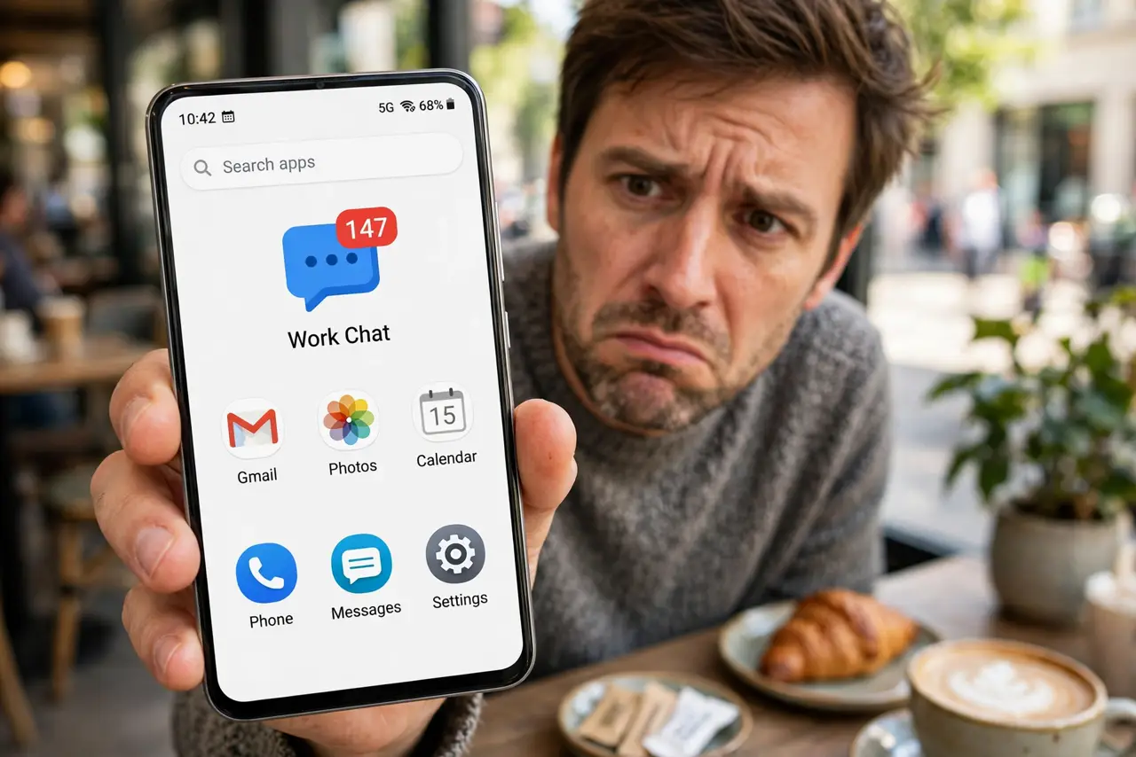 App Badge Count Is Wrong — a puzzled adult holding a real Android phone showing an app icon with an incorrect badge count number in fully