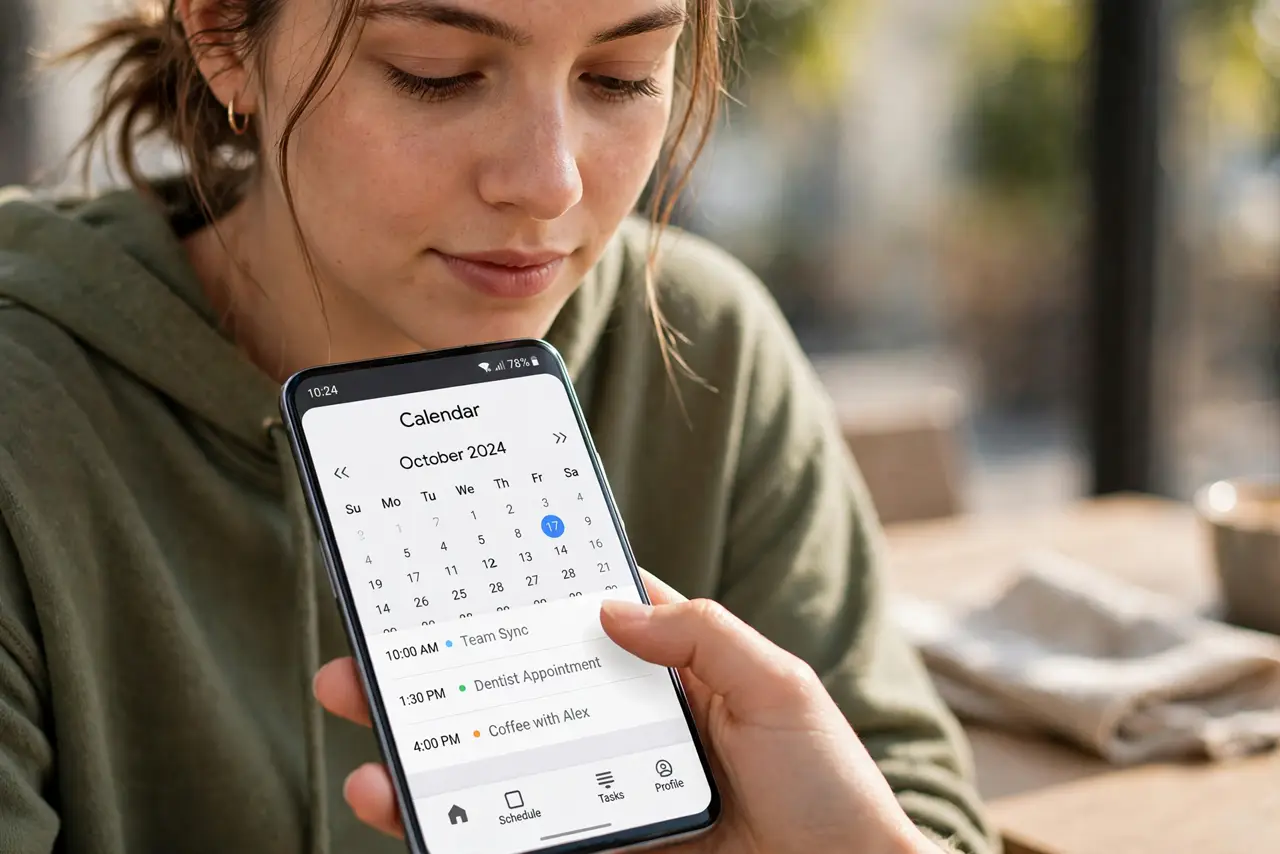A person performing step 1: Open the first app. Launch the app you want on top — say your calendar. This becomes the anchor of the pair.