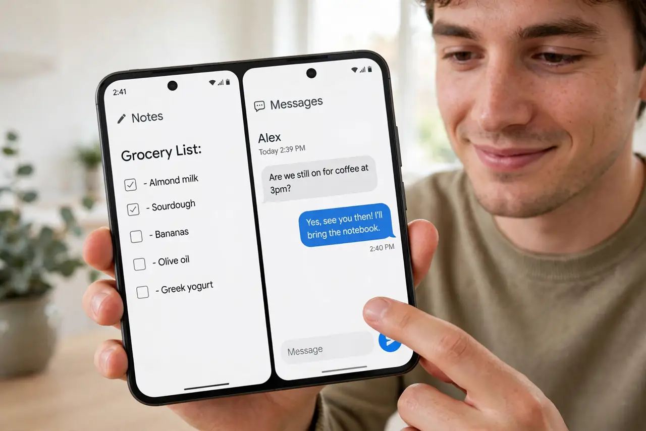 A person holding a real Android phone large in frame showing two apps side by side in split screen with legible text in both panes, the person's thumb.