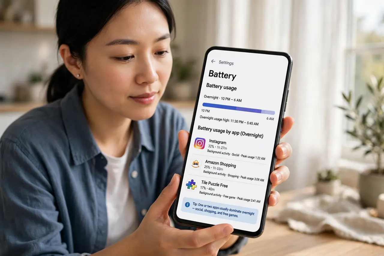 A person performing step 1: Find the overnight hogs. Go to Settings > Battery > Battery usage and look at the overnight hours. One or two .