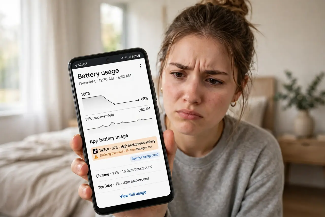 A person in the morning checking a real Android phone showing overnight battery usage graph with one app highlighted as the drain, the person's face annoyed then decisive,.