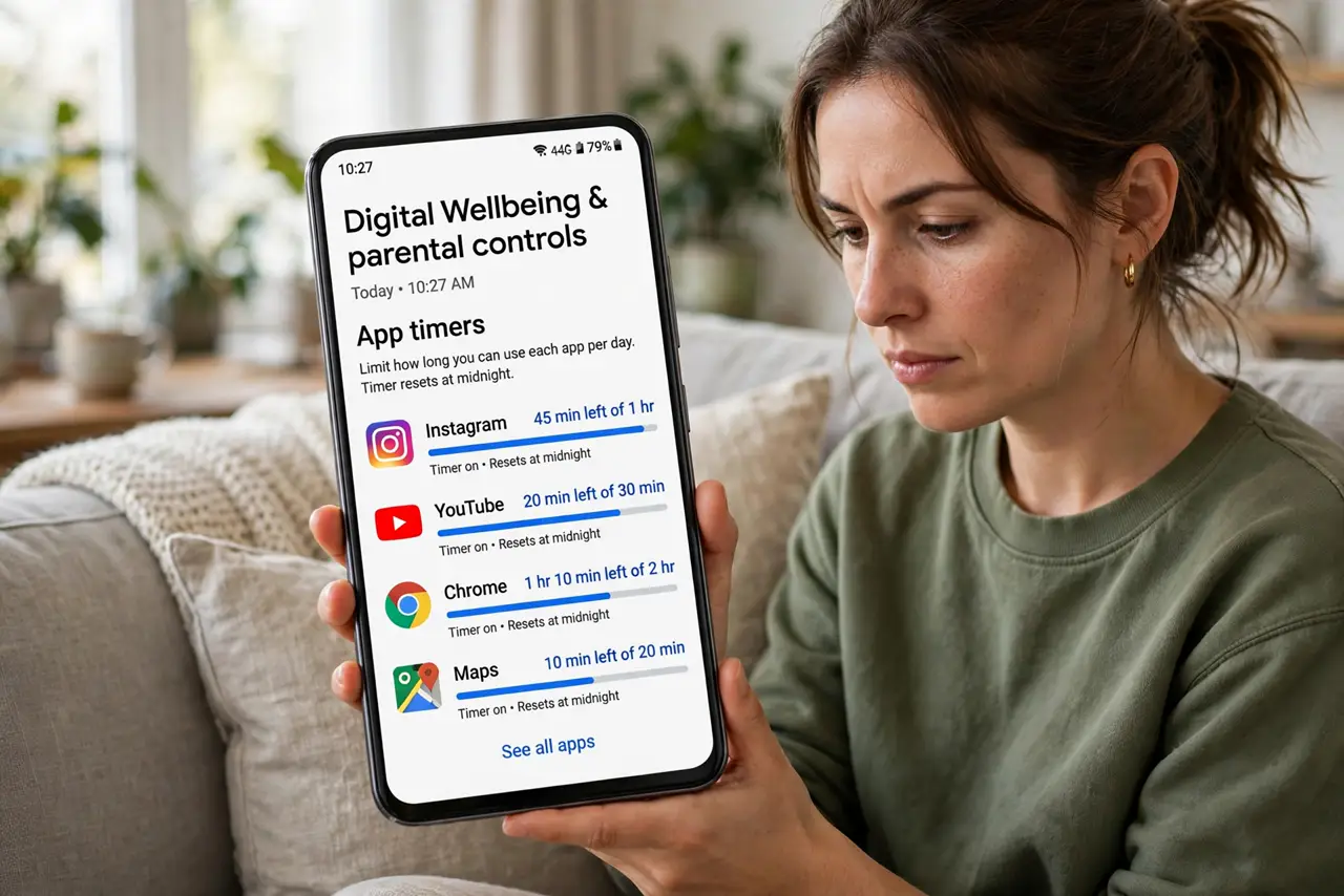 A person viewing app time limits in Digital Wellbeing on a real Android phone with per-app timers fully legible, the person's face determined, on a couch.
