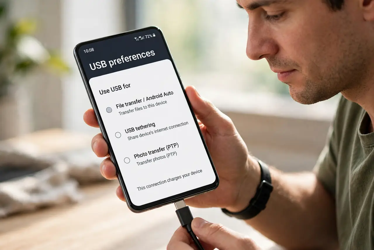 Step 1 in action for Android Auto Keeps Disconnecting: Use a short, quality USB cable.