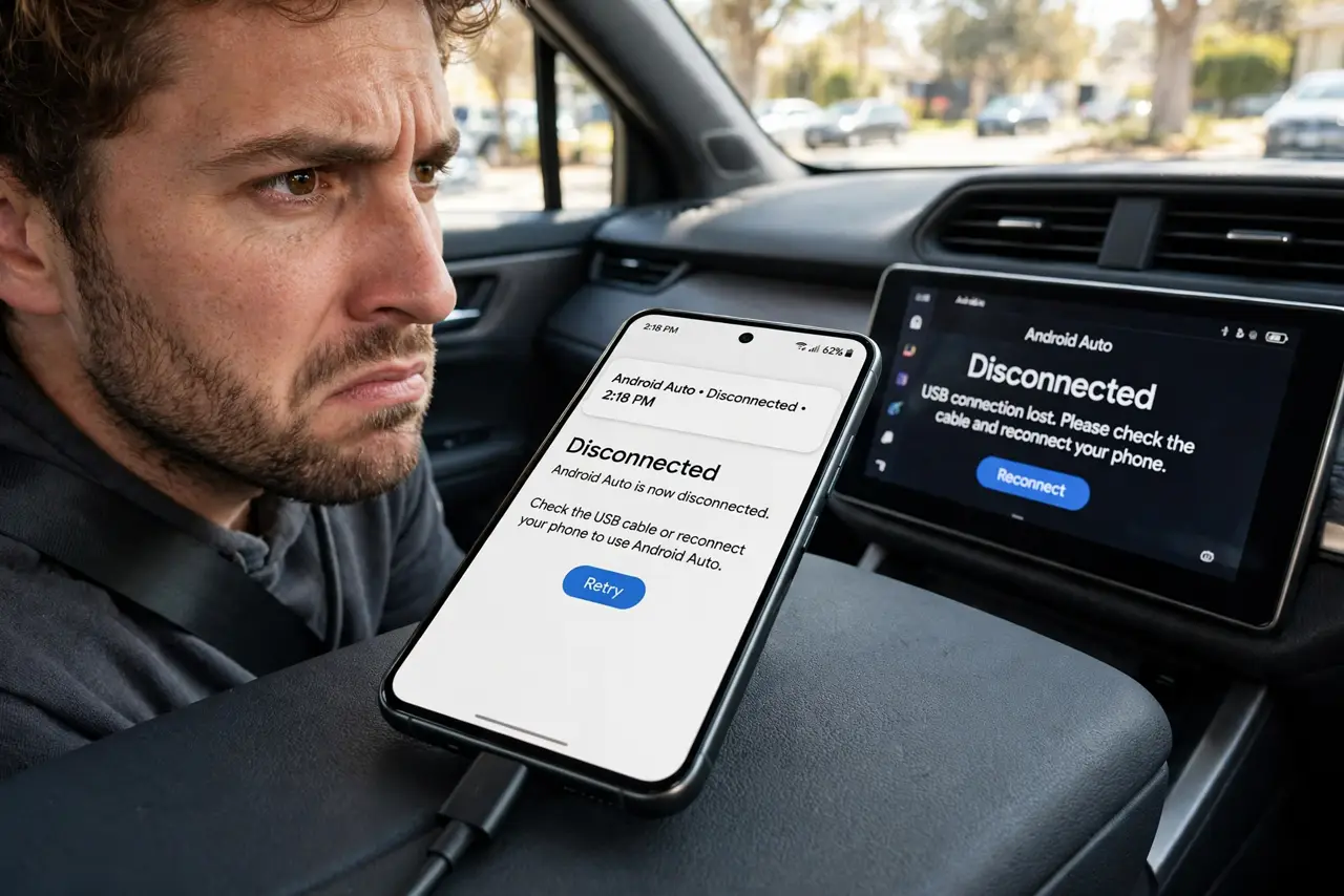 Android Auto Keeps Disconnecting — a driver in a parked car looking at a real car display showing Android Auto disconnected with a fully legible