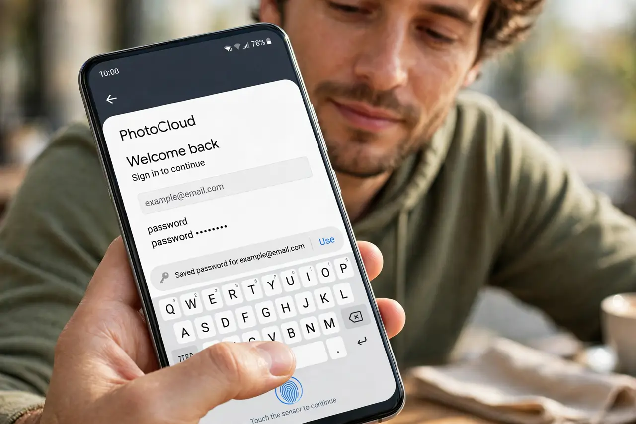 A person logging into an app on a real Android phone, the autofill suggestion bar showing a saved login fully legible above the keyboard, the person's finger on the fingerprint sensor, face relaxed.