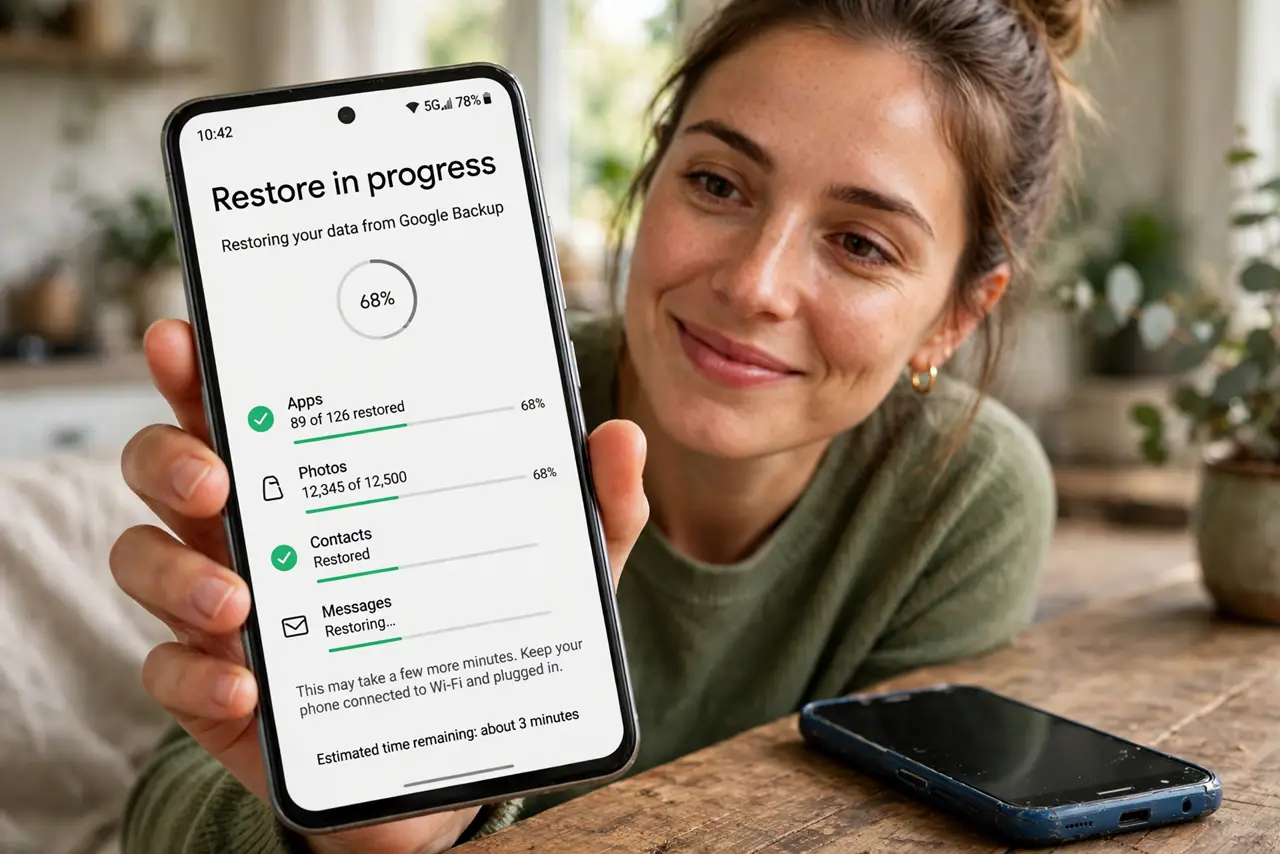 a person holding a new real Android phone showing a restore-in-progress screen with legible text, the old phone beside it, the person's face relieved. No black screen, no blank whi.