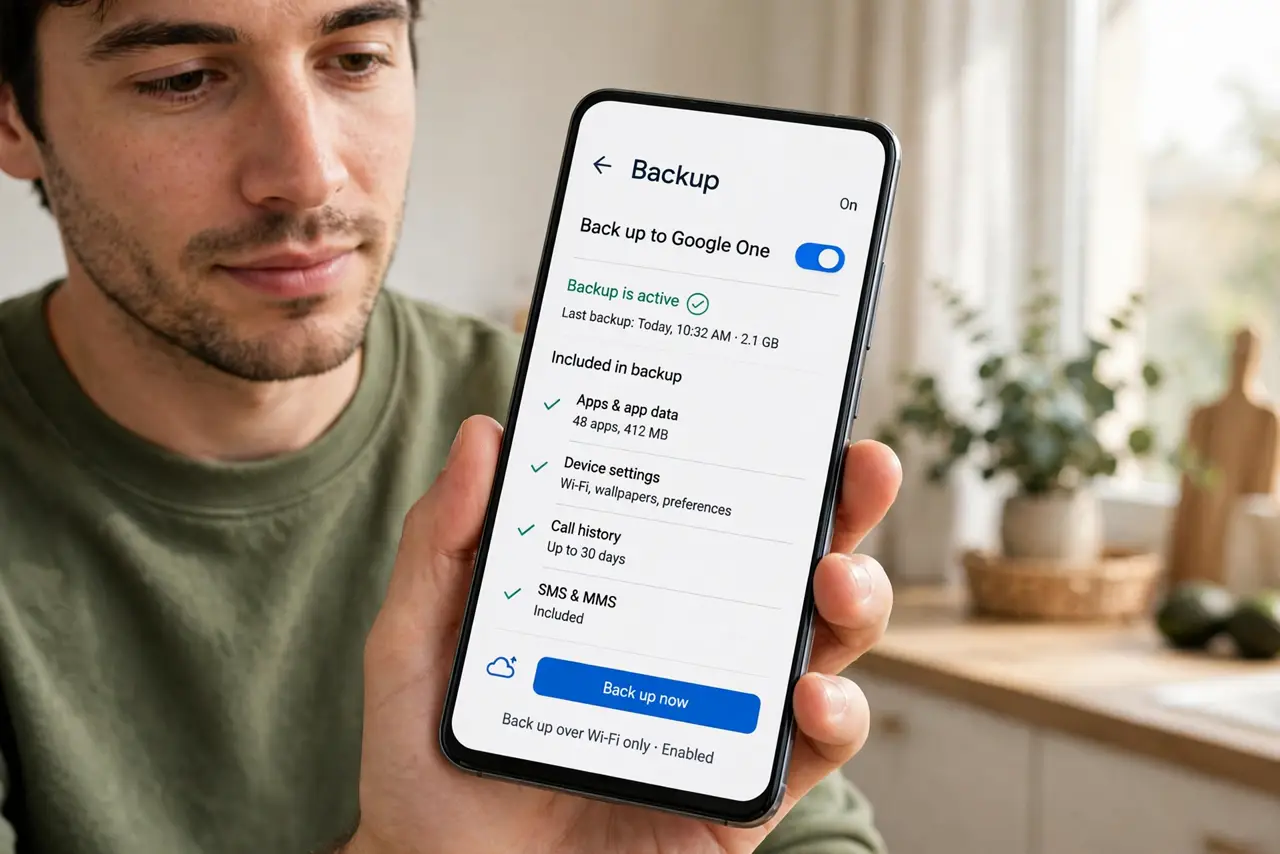 Photoreal photo of a person performing the first step: Check the built-in backup. Go to Settings > System > Backup (wording varies slightly by maker) and confirm it is on and recently completed. This cover...