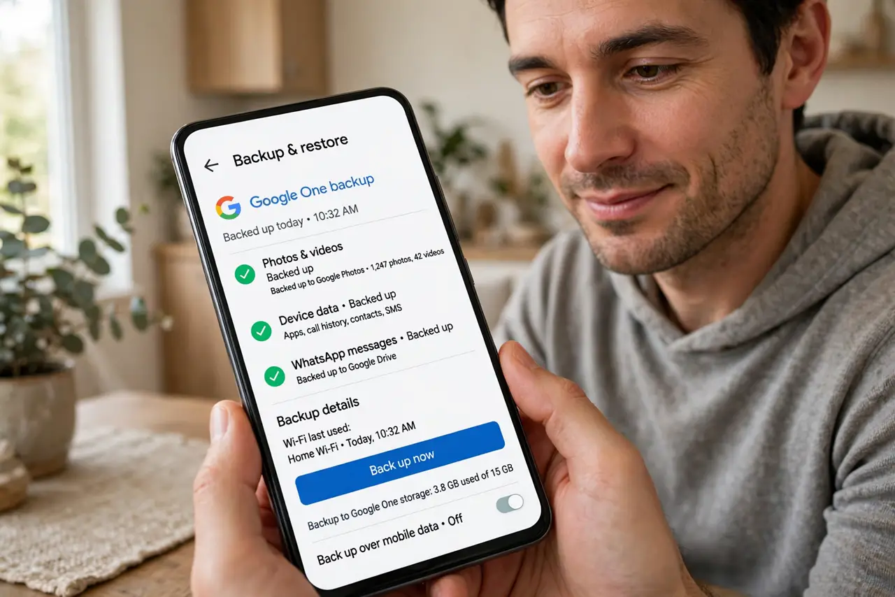 Photoreal photo: a person checking backup settings on a real Android phone showing a backup status screen with legible text, the person's face calm and responsible, home interior. No black screen, no blank white screen, 