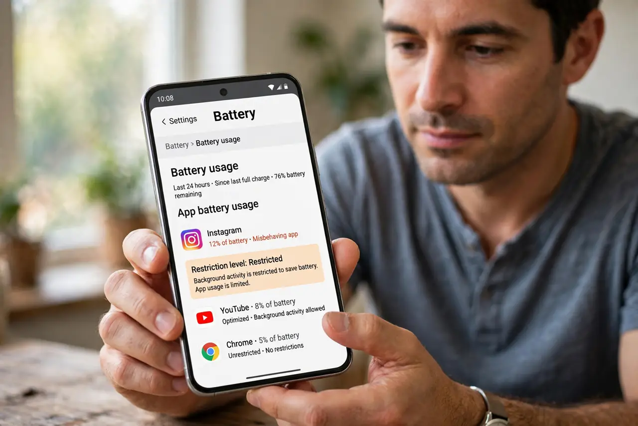 Adaptive Battery Limits an App You Need — step 1 being performed on the device.