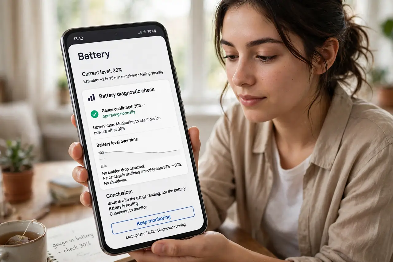 Photoreal photo of a person performing the first step: Confirm it is the gauge, not the battery. If the phone dies at 30% or jumps 20% in minutes, ...