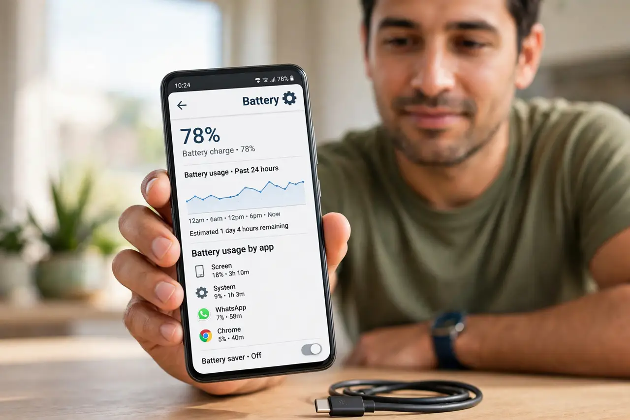 Photoreal photo: a person holding a real Android phone showing the battery settings screen with percentage and usage graph legible, a charger cable nearby, the person's face focused, indoor lighting. No black scree...