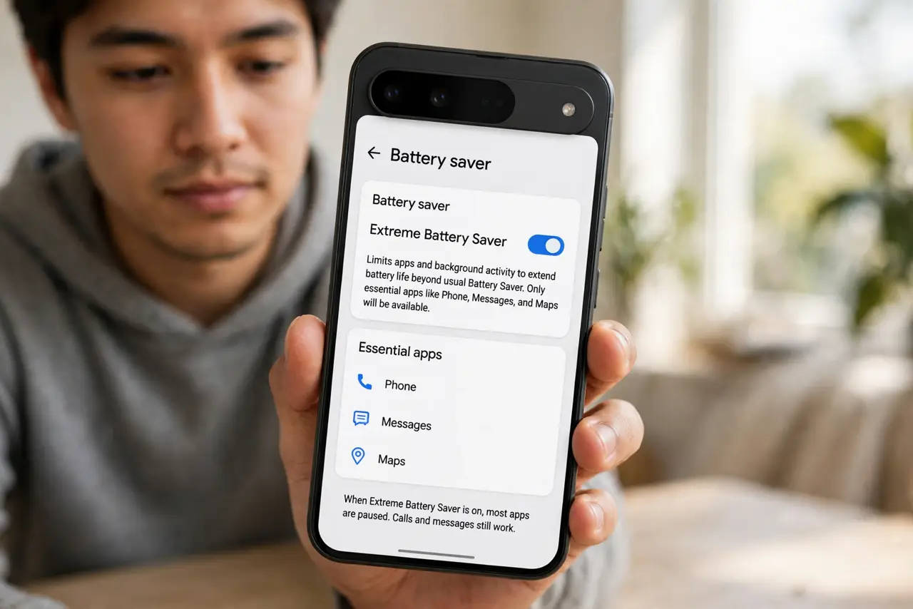 A person performing step 1: Find Extreme Battery Saver. Open Settings > Battery > Battery Saver and look for the “Extreme” option (Pixel),.