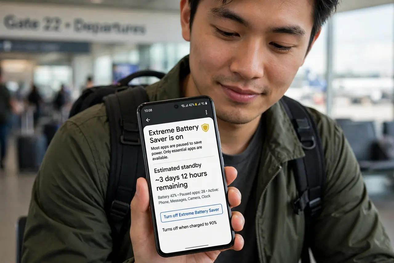 A person checking a real Android phone showing Extreme Battery Saver active with days of estimated standby, backpack on in an airport, the person's face relieved.