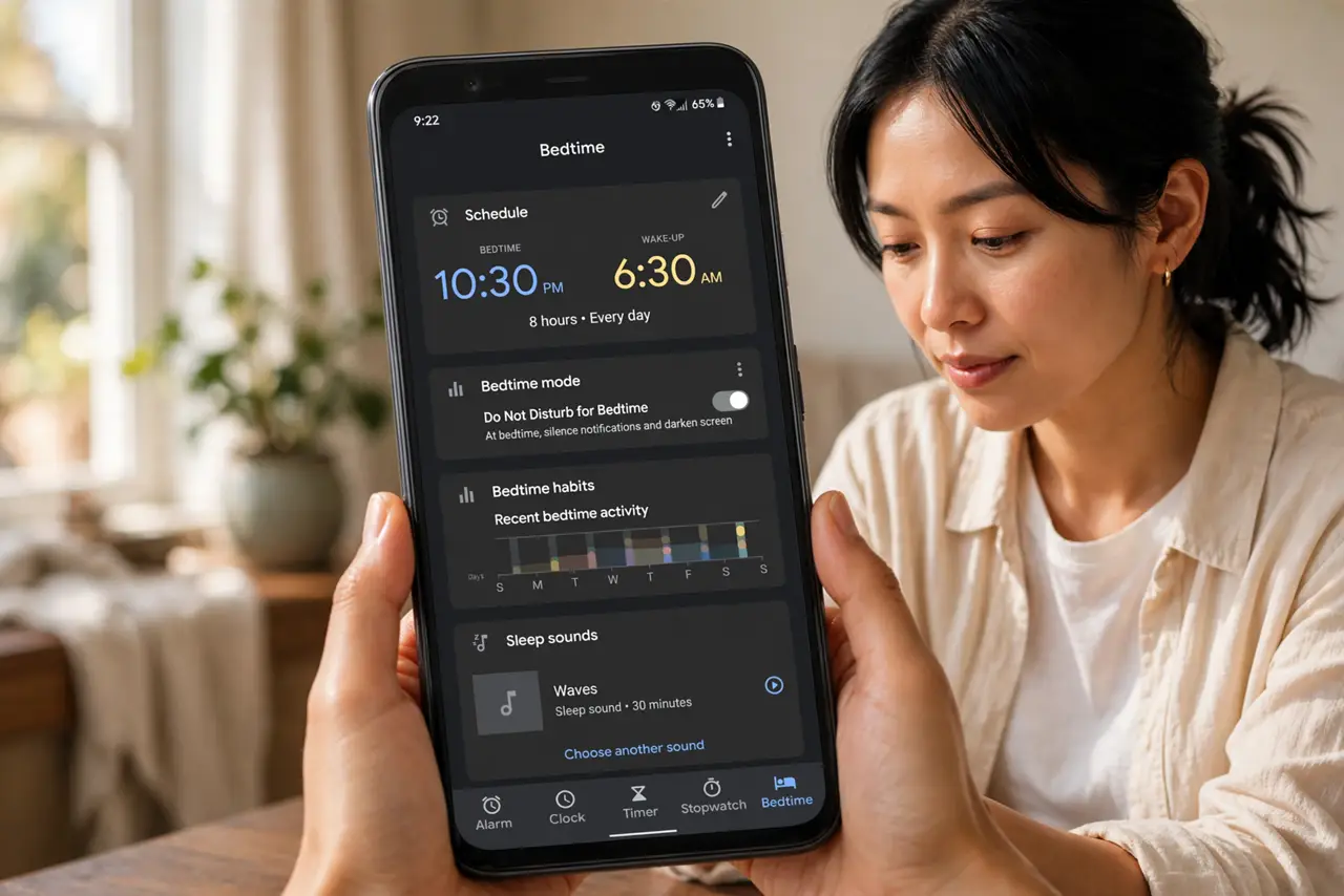 A person performing step 1: Open Bedtime settings.