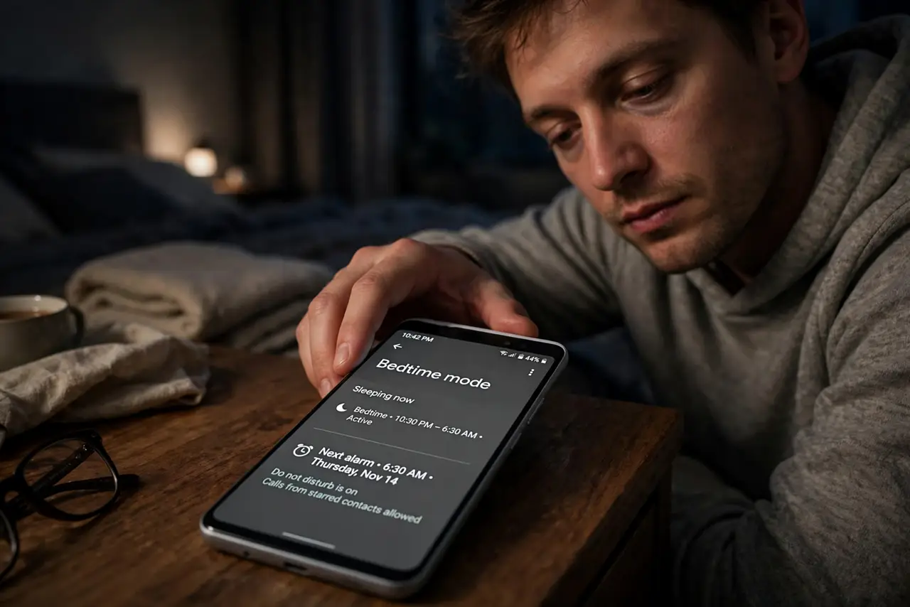 A person placing a real Android phone face-down on a nightstand with the grayscale bedtime screen and next alarm fully legible, bedroom dark, the person's face drowsy.