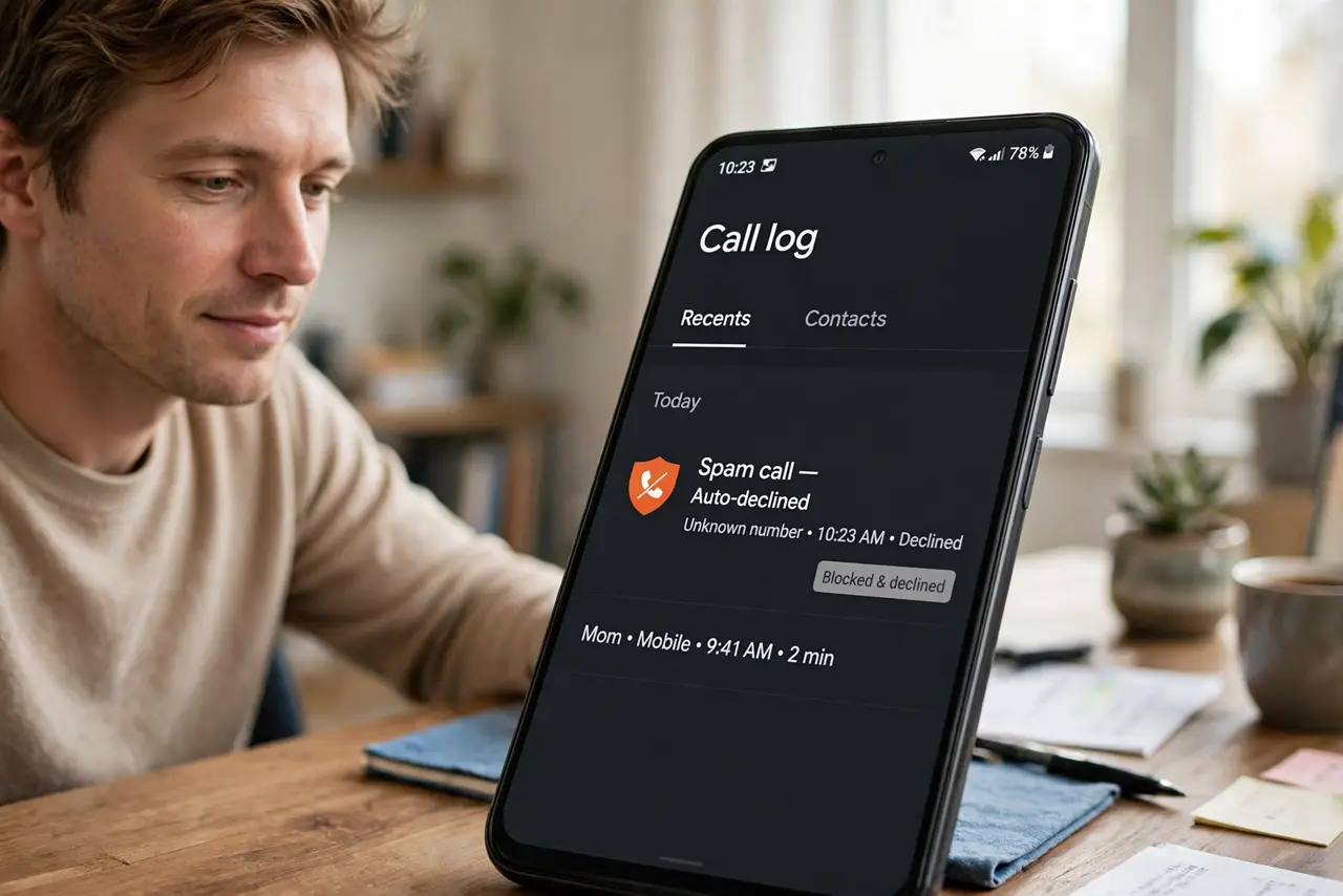 A person glancing at a real Android phone showing a spam call auto-declined in the call log, the phone silent on a desk, the person's face unbothered, home office.