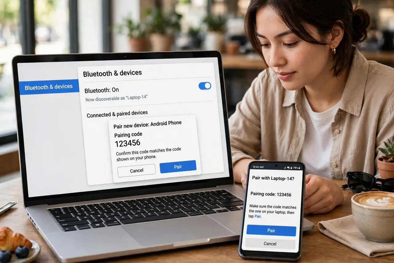 Photoreal photo of a person performing the first step: Pair the phone and laptop over Bluetooth. Put the phone in pairing mode and add it from the lap