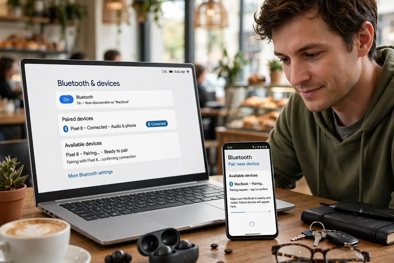 Photoreal photo: a person pairing a real Android phone with a real laptop over Bluetooth at a cafe table, the laptop screen showing a settings page with legible Bluetooth options, the person's face resourceful, cafe background. No bla