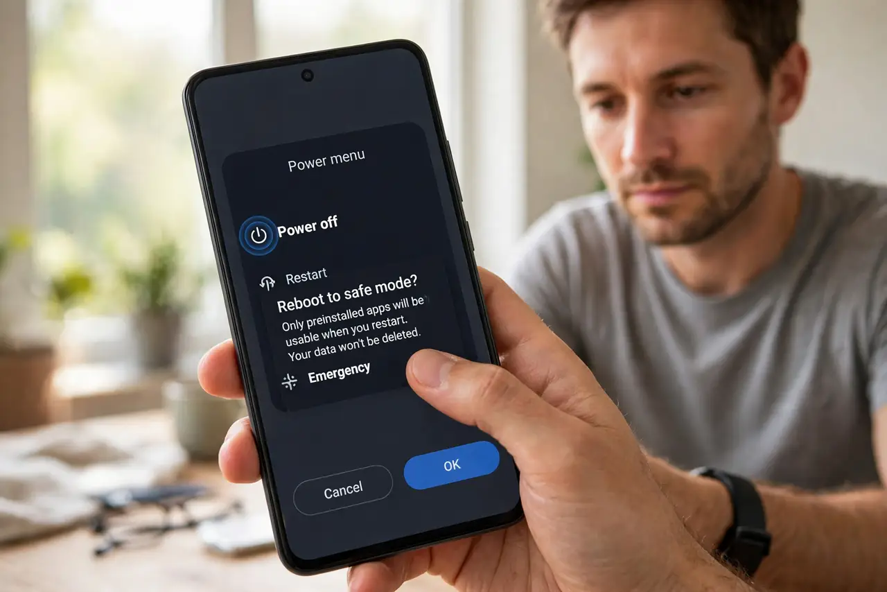 Step 1 in action for Android Stuck in a Boot Loop: Boot into safe mode. Hold the power button, then long-press the Power off option until the