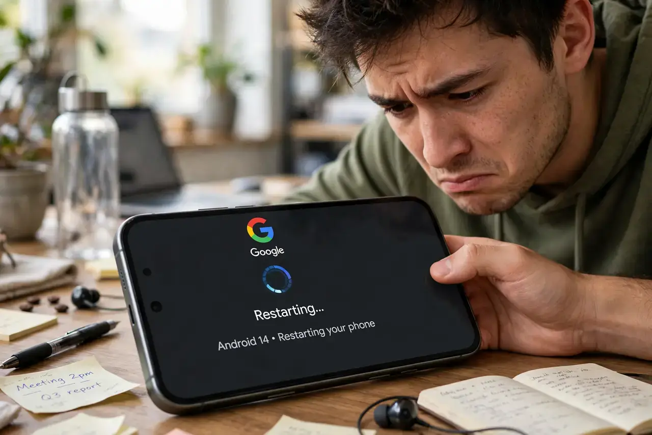 Android Stuck in a Boot Loop — a person holding a real Android phone showing the manufacturer's logo on screen mid-restart, the person's face