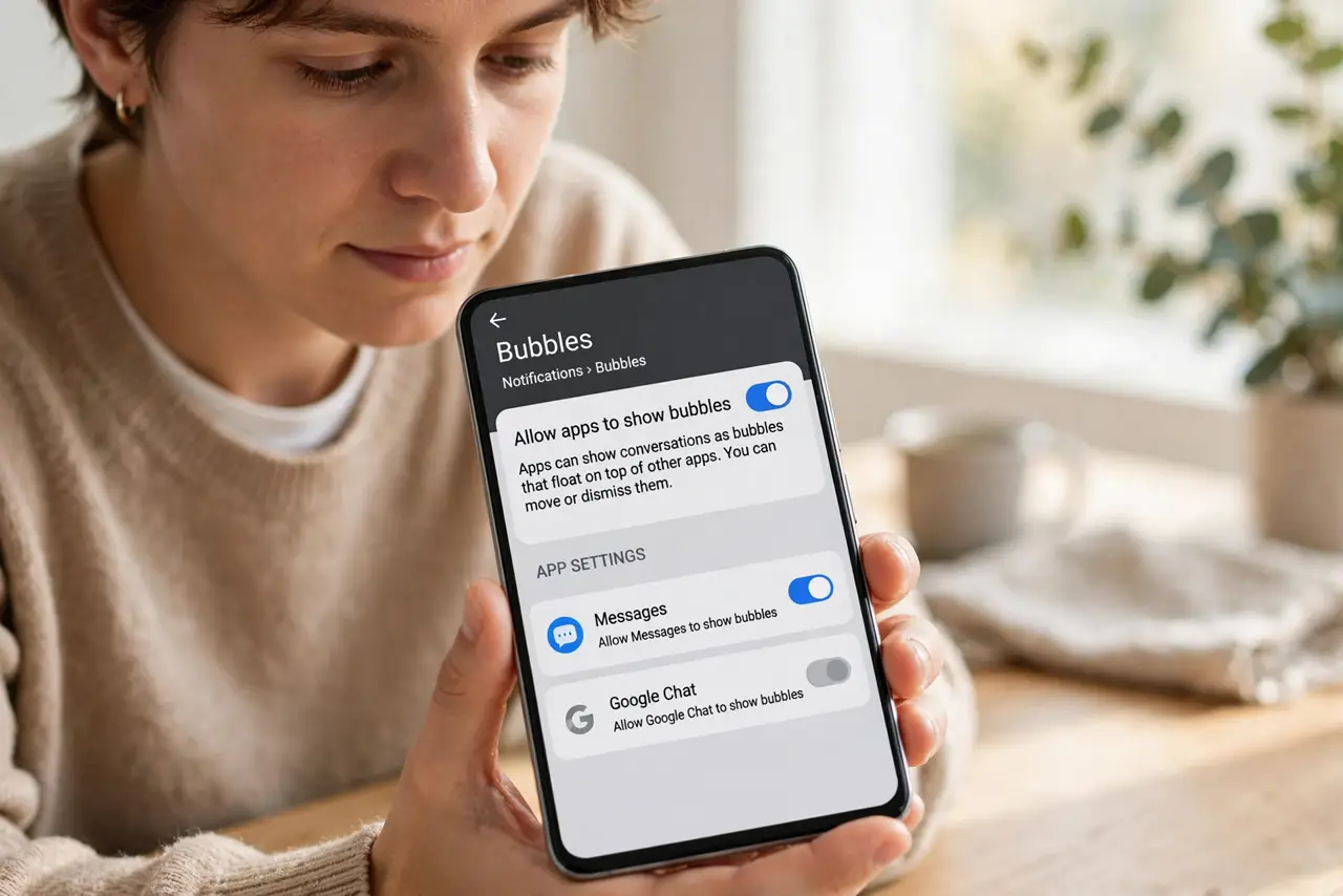 A person performing step 1: Enable Bubbles on Android. Go to Settings, then Notifications, then Bubbles, and allow apps to show bubbles. T.