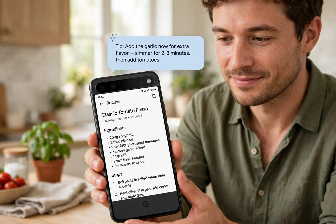 A person holding a real Android phone showing a floating chat bubble over a recipe app with legible text, the person's face pleased, kitchen.