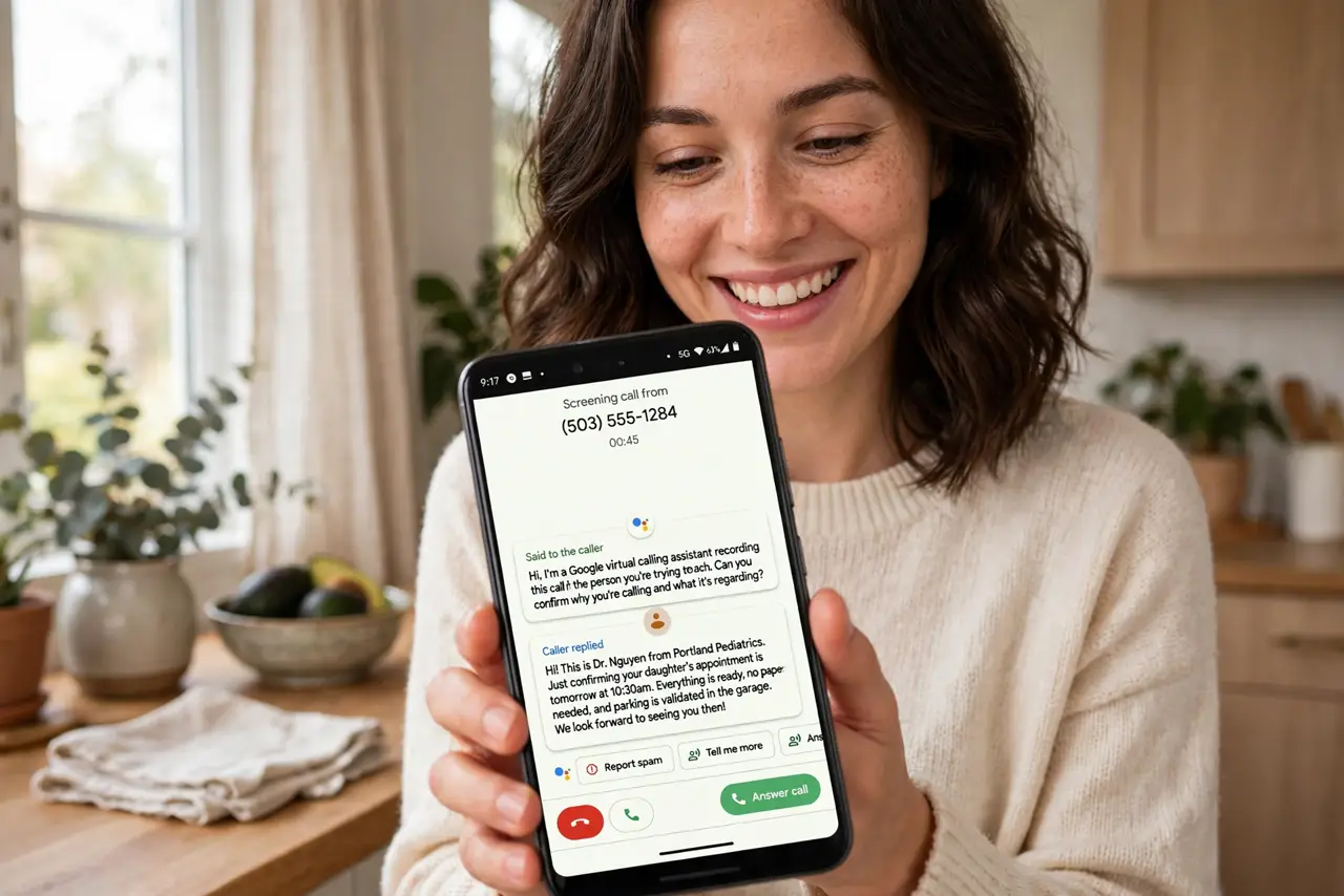 A person watching a live Call Screen transcript on a real Pixel phone with the caller's answers fully legible, the person's face amused and relieved, at home.
