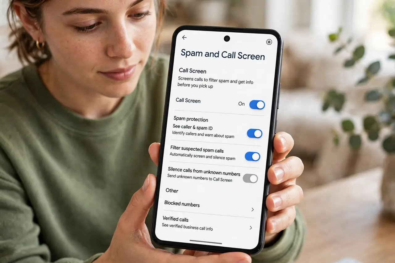 A person performing step 1: Open the Phone app settings. Open the Google Phone app, tap the three dots, then Settings, then Spam and Call .