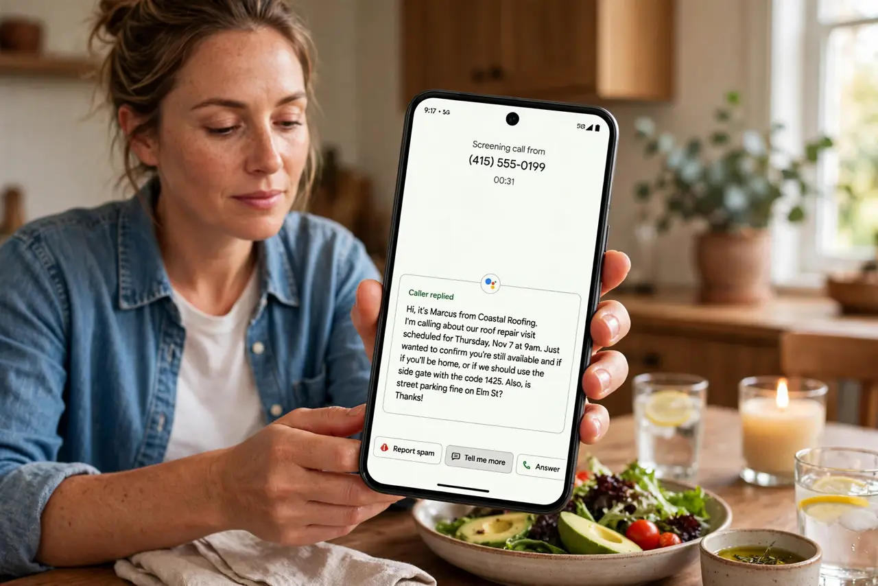 A person holding a real Pixel phone large in frame showing a legible live call-screening transcript of a caller explaining their reason, the person's face relaxed at dinner.