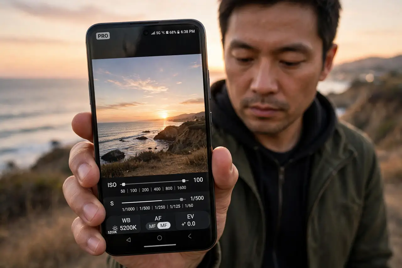 A person holding a real Android phone in Pro camera mode with ISO and shutter speed sliders fully legible, photographing a sunset, the person's face focused, outdoors.