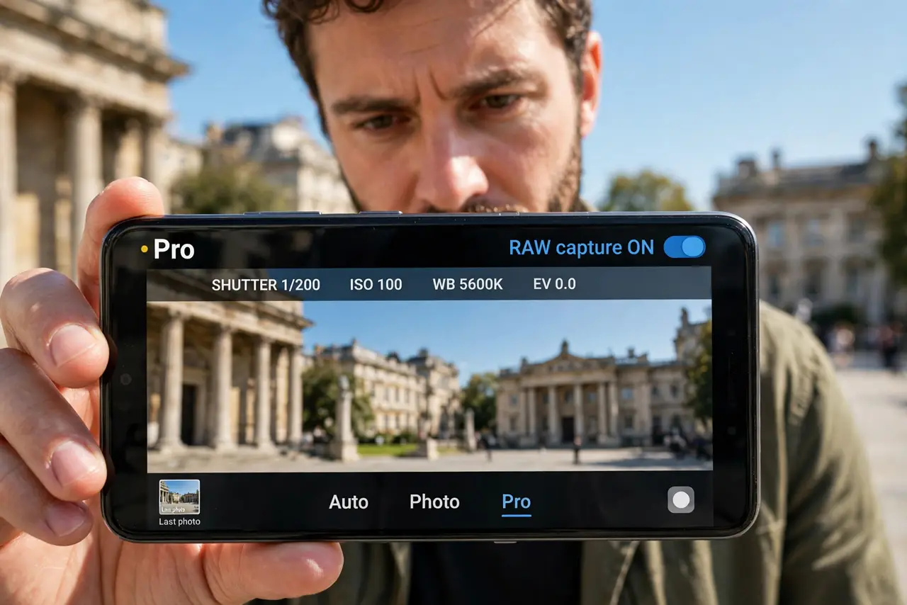 A person holding a real Android phone in Pro mode with the RAW capture toggle highlighted and legible, the person's face intent, photographing architecture in daylight.