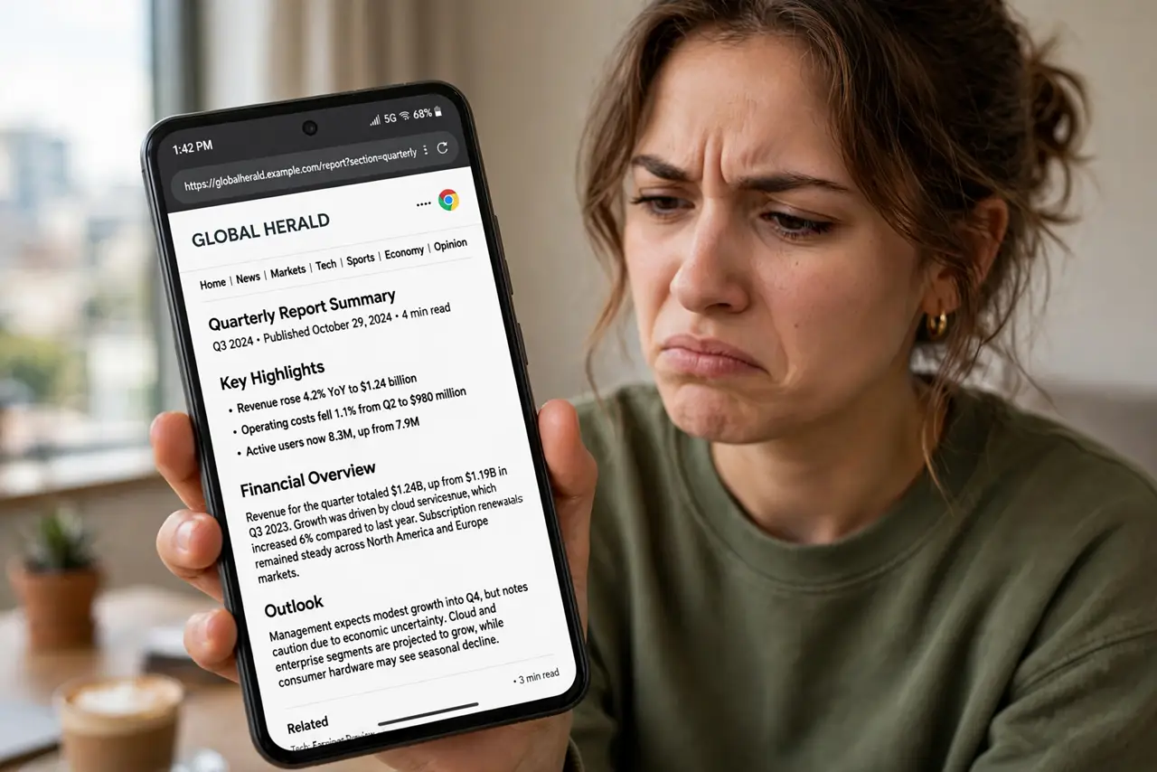 A person holding a real Android phone showing a website in desktop layout with the text small but fully legible, the person's face mildly annoyed at the tiny text, indoors in daylight.