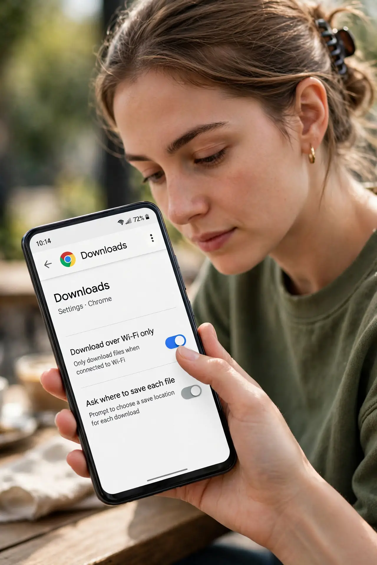 A person performing step 1: Open Chrome's download settings.