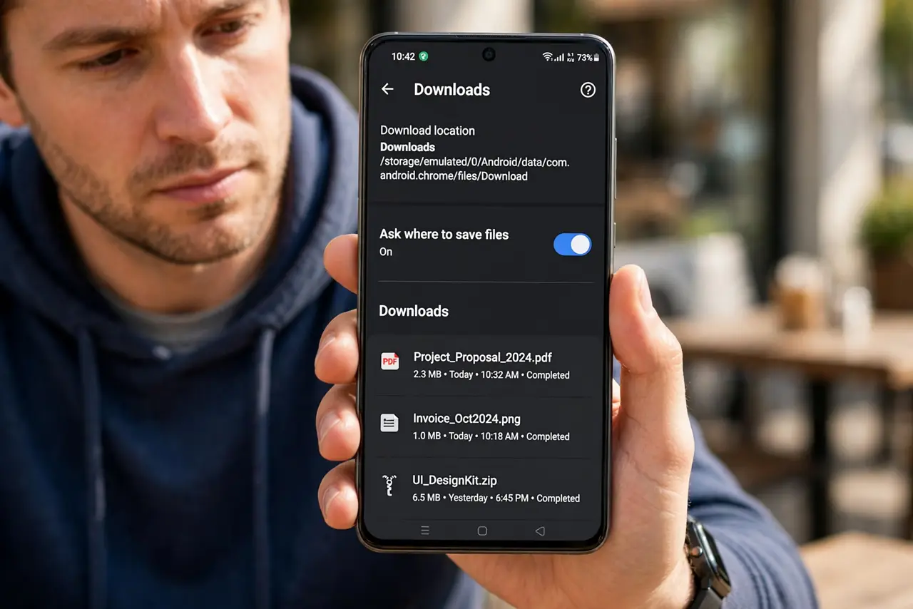 A person holding a real Android phone showing Chrome download settings with the 'Ask where to save files' toggle fully legible, a downloads list visible behind it, the person's face focused.