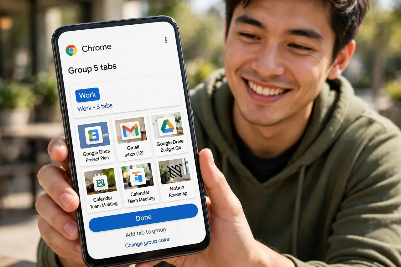 A person grouping Chrome tabs on a real Android phone, the tab group with its color label fully legible in the grid view, the person's face pleased.